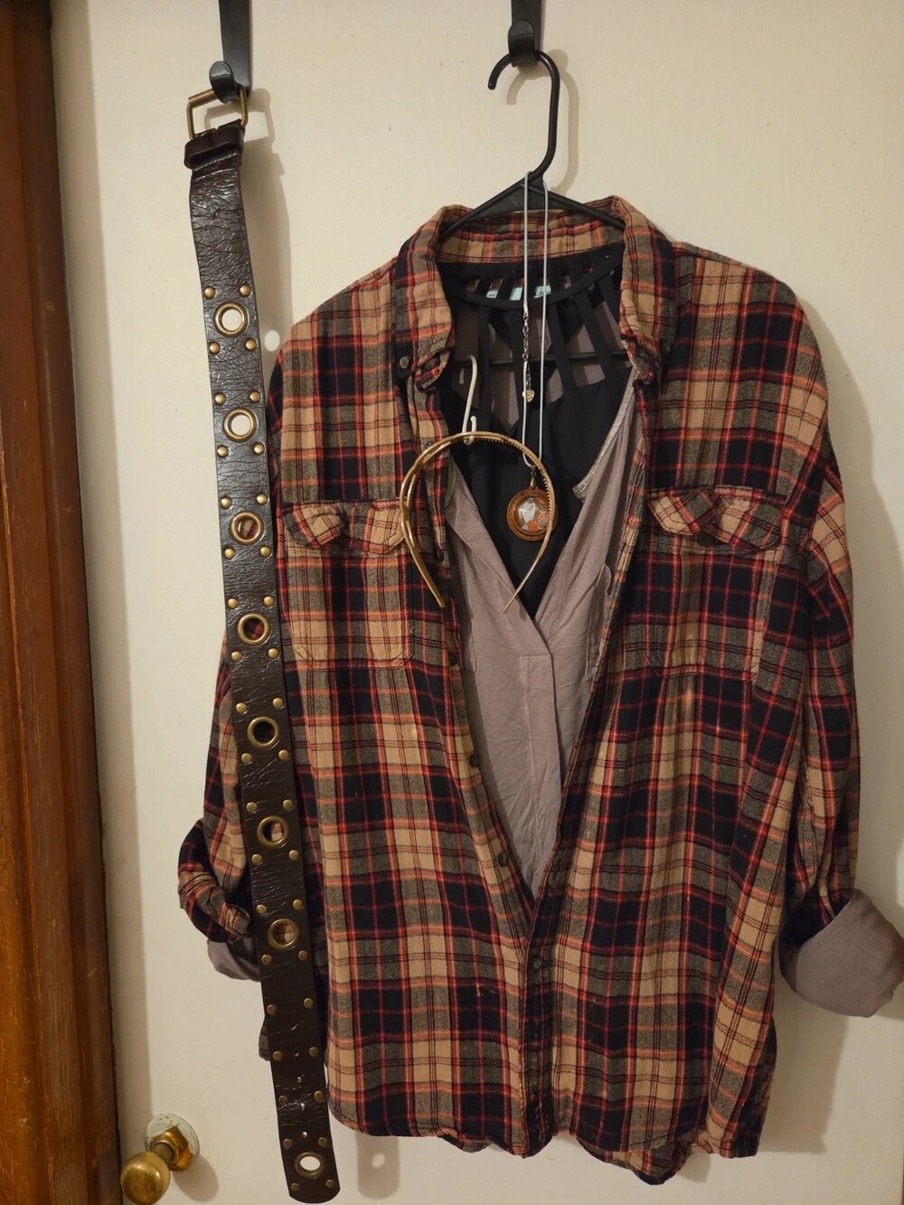 Fall Plaid Outfit Bundle | Brown & Red Layered Look + Handmade Necklace